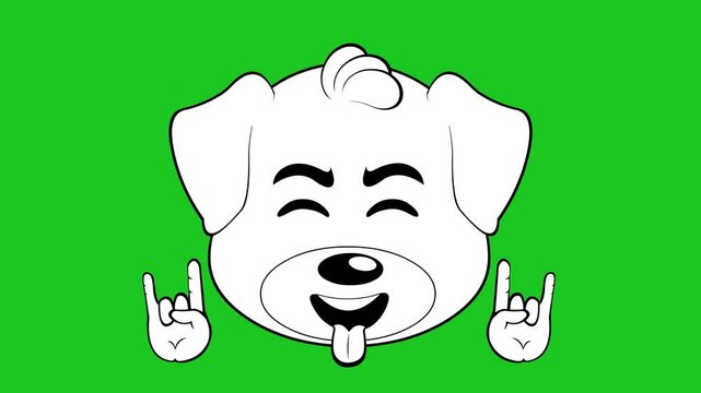 video animation drawing emoji face dog character cartoon illustration, making the classic heavy metal gesture with hands and sticking out tongue, sketch draw in black and white color