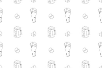 Beer glass, mug vector line illustration doodle food drink alcohol bar pub seamless pattern, bertzel, salted snack, textile design wrapping paper Octoberfest holidays weekend barbecue 