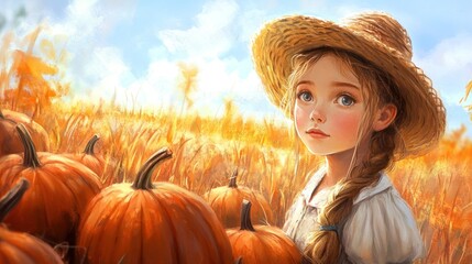 A young girl with a straw hat stands in a field of pumpkins, looking towards the viewer.