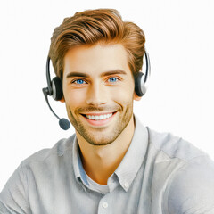 image of a smiling male call center operator wearing a headset, isolated on a white background. 