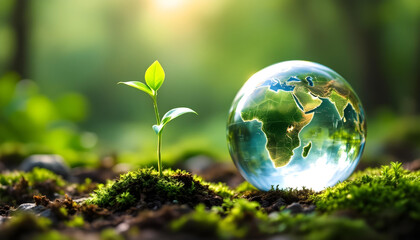Nurturing Nature A Small Plant and Earth Globe in Harmony