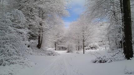 Obraz premium Serene Winter Landscape with Snow-Covered Trees and Pathway