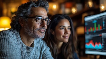 Middle-aged Hispanic couple analyzing financial charts on a computer in a cozy home setting