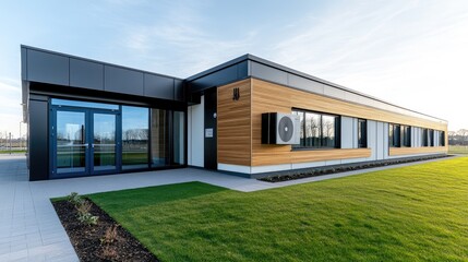 An energy-efficient heat pump is installed on a contemporary terrace of a modern home, highlighted by wooden slats and greenery