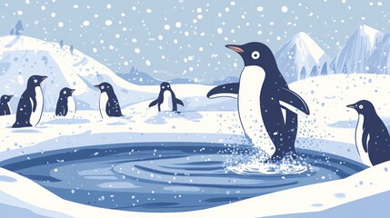Obraz premium A group of penguins in a snowy landscape, one penguin is jumping into a pool of water.