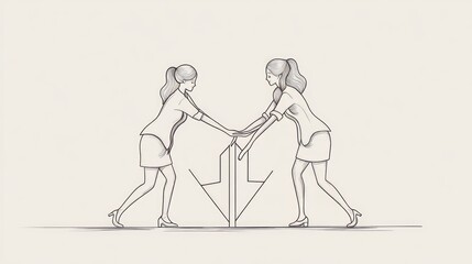 Two Women Pushing Against an Arrow Graphic Illustration