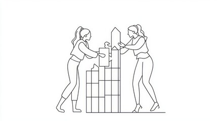 Two Women Building Block Tower Illustration