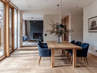 Minimalist chic dining room design with light wooden floors and dark blue upholstered dining chairs