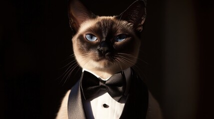 A Siamese cat wearing a tuxedo and bow tie stares intensely at the camera.