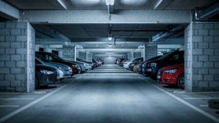 A parking garage with many cars parked in it. The cars are parked in rows and the garage is empty