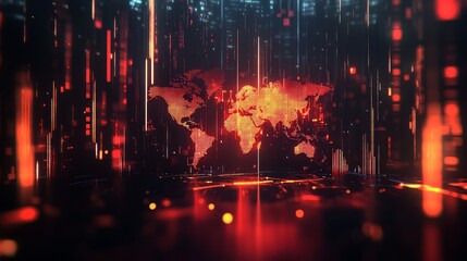 Abstract Digital World Map with Red and Orange Visual Effects