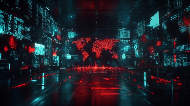 Futuristic Digital World Map with Neon Visualization and Data Patterns