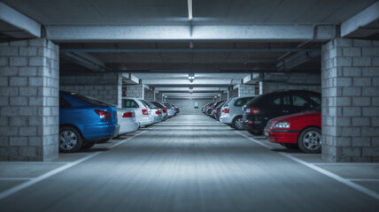 A parking lot with many cars parked in it. The cars are parked in a row and the lot is empty