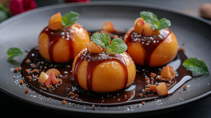 Caramel apples elegantly presented with chocolate sauce and mint leaves on a black plate