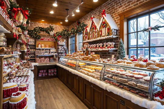 A bakery with a variety of pastries and desserts on display, decorated with Christmas decorations