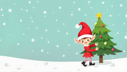Cheerful elf in festive mood decorating Christmas tree in snowy landscape with copy space