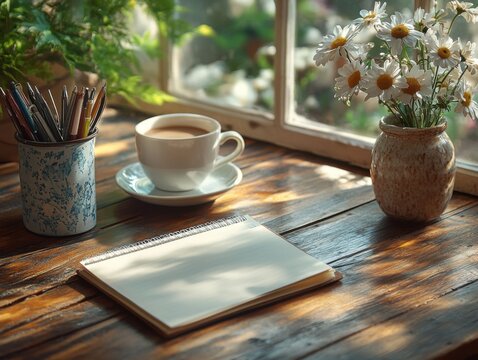 Cup of coffee and a notebook on a table