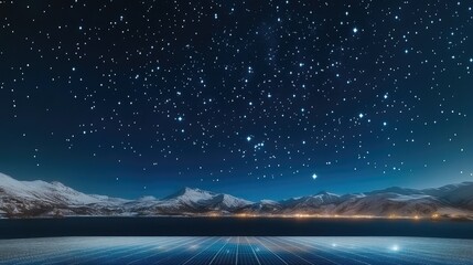 Naklejka premium Solar panels on a house roof bask under a star-filled sky, with warm light emanating from an open window nearby