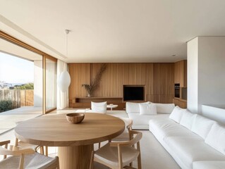 Fototapeta premium Cozy dining and living room with a round wooden dining table and a white modular sofa