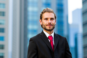 Handsome businessman smiling with office buildings in background