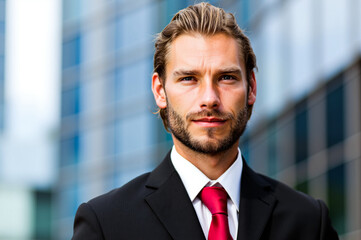 Confident businessman posing in front of office building