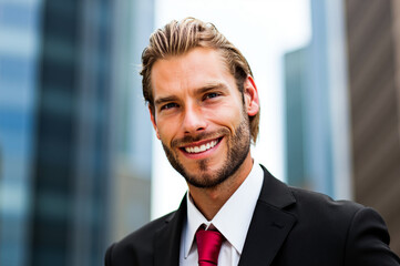Portrait of young businessman smiling in front of buildings
