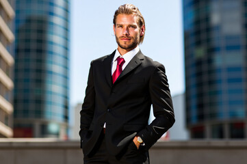 Businessman standing with hands in pockets in city center