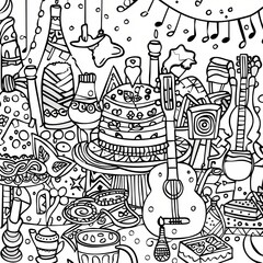 Obraz premium A detailed black and white illustration featuring a variety of objects, including musical instruments, a cake, and a teapot.