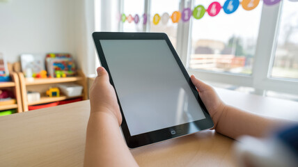 Fototapeta premium A child is holding a tablet with a blank screen. The tablet is on a wooden table in a room with a window