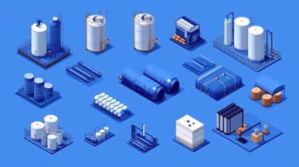 Isometric Industrial Equipment Set with Tanks and Pipes on Blue Background