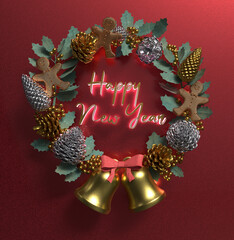 Christmas decoration floral wreath, pine tree, red bow, gingerbread man cookies and gold berries on red. Christmas composition. Happy new year, 3D render.