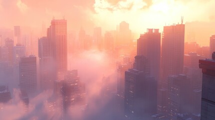 Fototapeta premium A misty cityscape at sunrise, with tall buildings reaching for the sky.