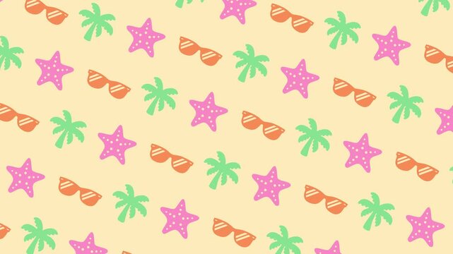 Patr&oacute;n animado de vacaciones de verano en la playa con iconos de lentes de sol, estrellas de mar y palmeras