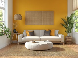 Minimalist family room featuring mustard walls, sleek furniture, and a neutral rug for a sophisticated, modern look
