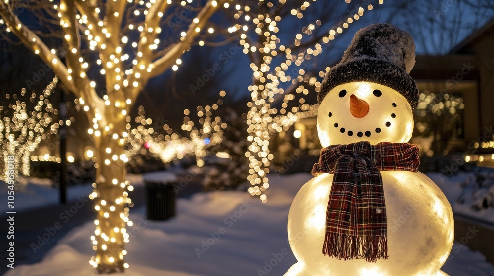 Poster a snowman stands in the snow with a red and black scarf and black hat, lit with string lights in the