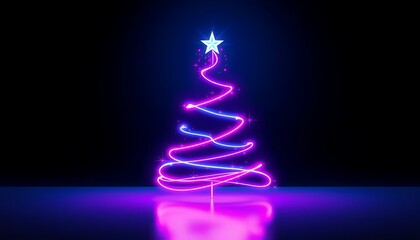 A futuristic Christmas background featuring a neon-light Christmas tree created from swirling, glowing ribbons of pink, purple, and blue lights against a dark gradient background.
