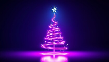 A futuristic Christmas background featuring a neon-light Christmas tree created from swirling, glowing ribbons of pink, purple, and blue lights against a dark gradient background.
