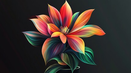 A vibrant, multi-colored flower with green leaves against a black background.