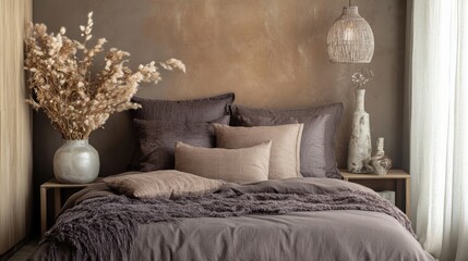 Cozy Modern Bedroom with Neutral Tones and Decorative Accents