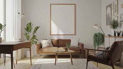 Fototapeta premium Modern Living Room Interior with Empty Frame and Natural Light