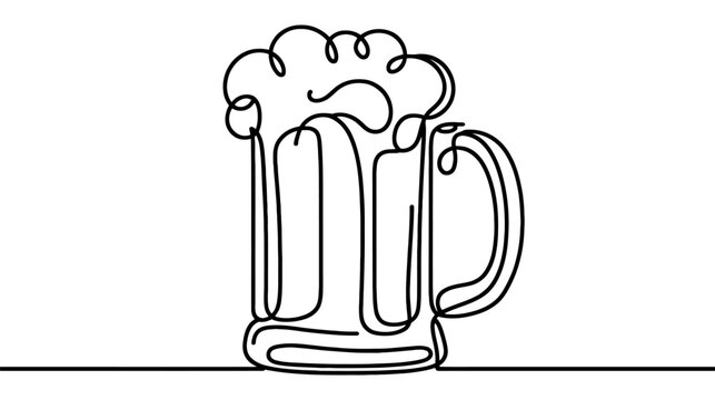 recommend clip art: One continuous line illustration of a beer mug with overflowing foam, isolated on white background.