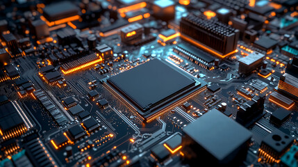 Fototapeta premium Close-up of a complex circuit board with glowing components, isolated on a dark background.