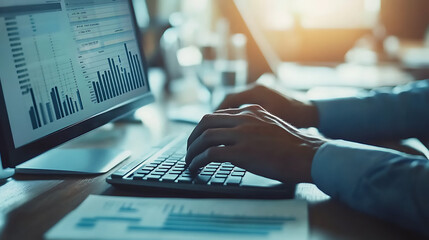 Hands typing on a keyboard with financial charts on a computer screen.