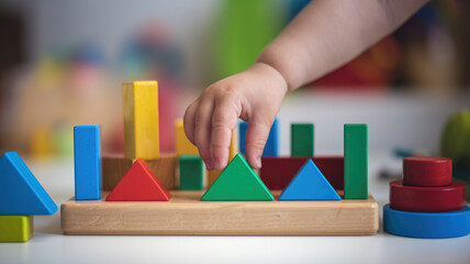 A child is playing with a wooden block set, which has a variety of different colored blocks. The blocks are arranged in a way that resembles a city, with some blocks being taller than others