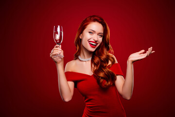 Photo of joyful happy lady wear cocktail evening gown raise up champagne glass on christmas holiday