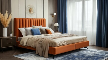 Modern Stylish Bedroom Interior with Orange Bed and Cozy Decor
