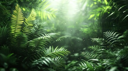 Lush green foliage with sunlight filtering through the leaves in a tropical jungle.