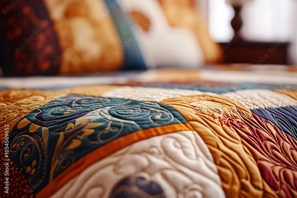 Poster a vibrant patchwork quilt showcases an array of fabrics, creating warmth and artistry in a comfortab
