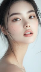 Fototapeta premium A Beautiful Asian Woman Close up on her face on white background