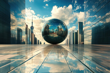 reflective sphere stands amidst modern skyscrapers, mirroring urban landscape and evoking sense of global connection and progress. interplay of light and glass creates captivating spectacle